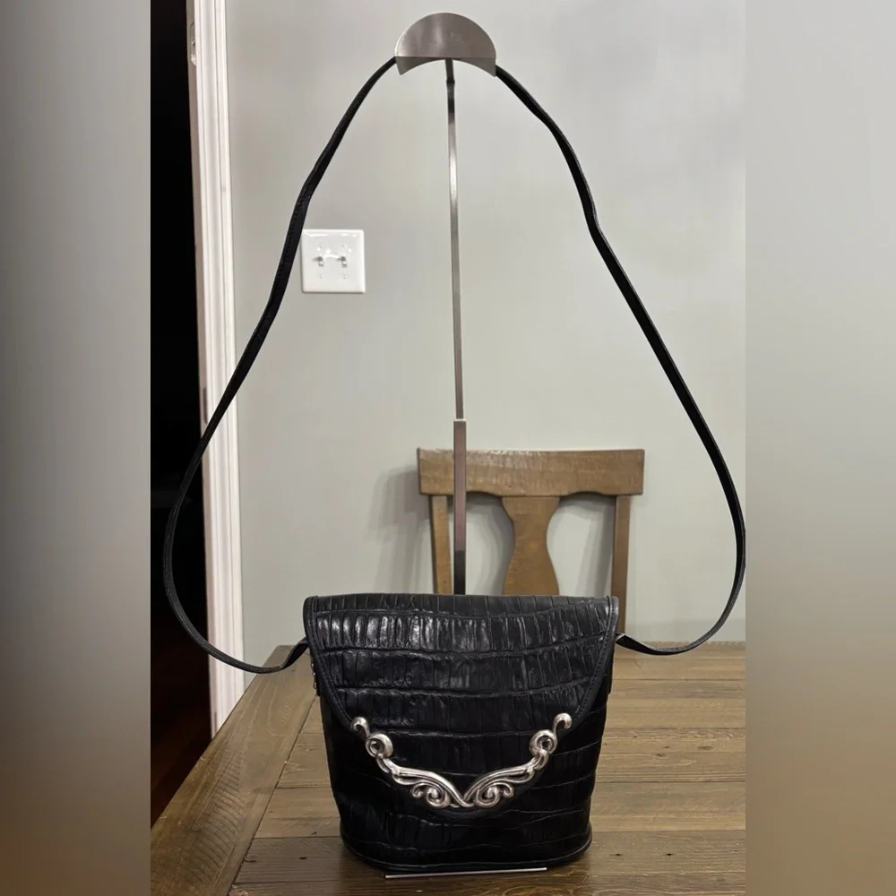 Brighton Black Croc-Embossed Leather Crossbody Bucket Bag